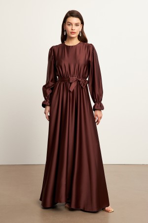 Liza Belted Satin Dress - Dark Brown