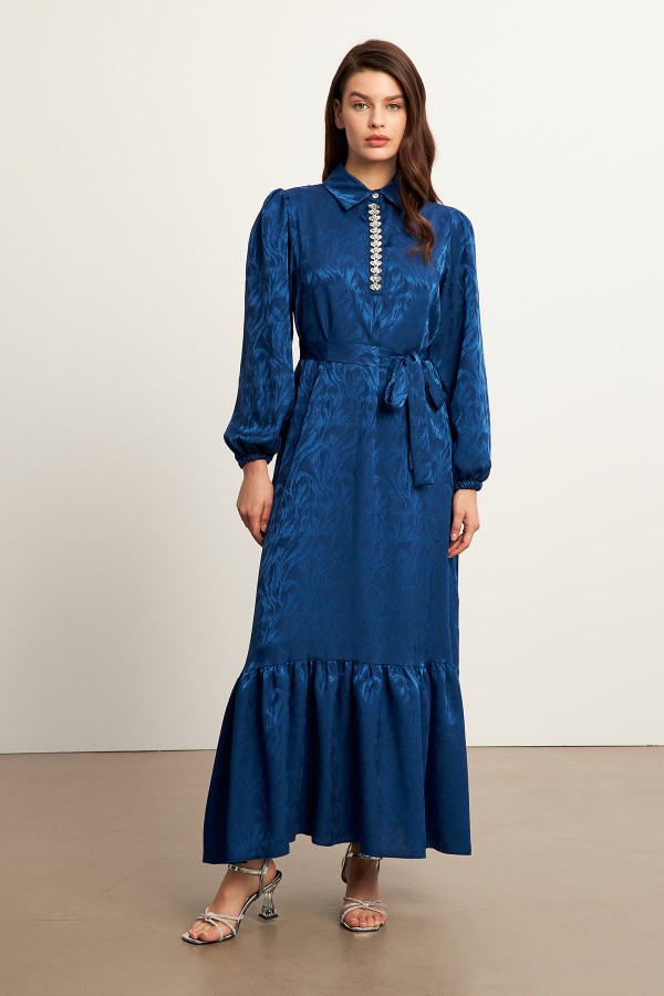 Royal Taşlı Jakar Elbise - İndigo