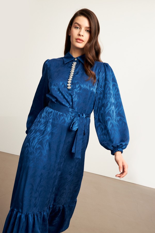 Royal Taşlı Jakar Elbise - İndigo