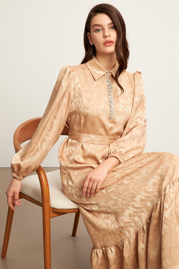 Royal Taşlı Jakar Elbise - Gold