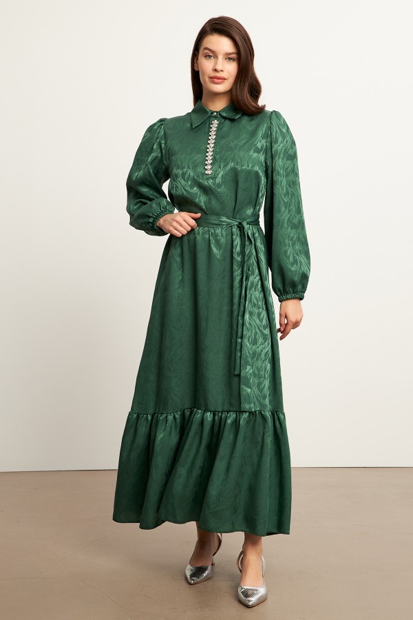 Royal Stone Jacquard Dress - Emerald