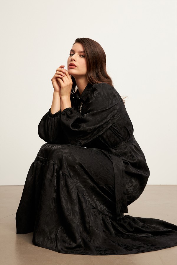 Royal Taşlı Jakar Elbise - Siyah