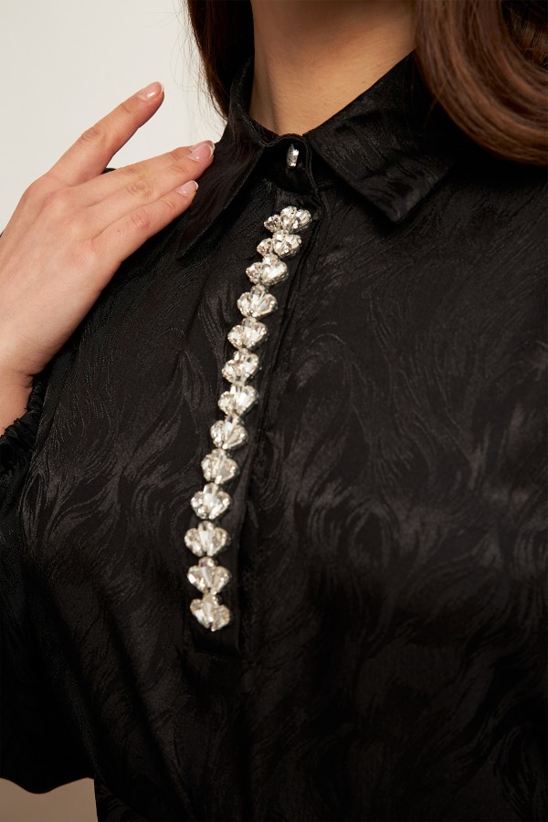 Royal Taşlı Jakar Elbise - Siyah