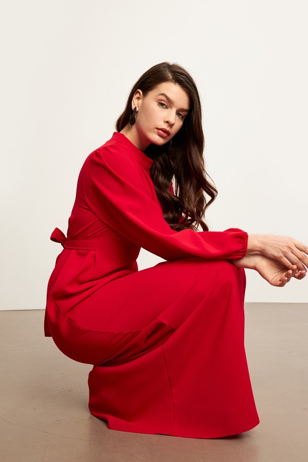 Nevra Kuşaklı Elbise - Kırmızı