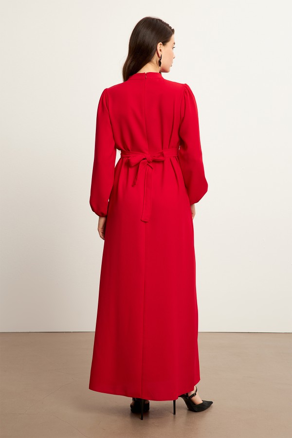 Nevra Kuşaklı Elbise - Kırmızı