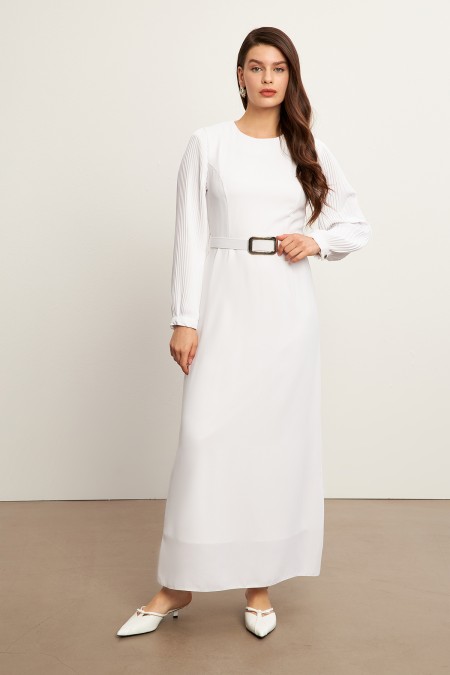 Kolları Piliseli Elbise - Ekru