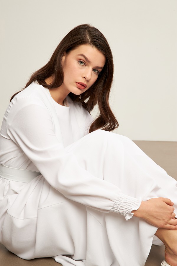 Vera Kuşaklı Elbise - Beyaz