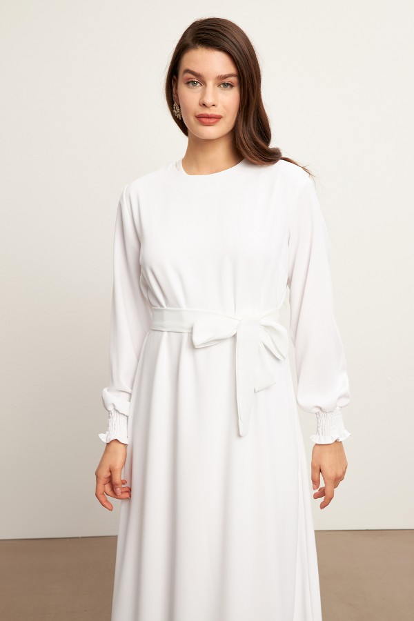 Vera Kuşaklı Elbise - Beyaz
