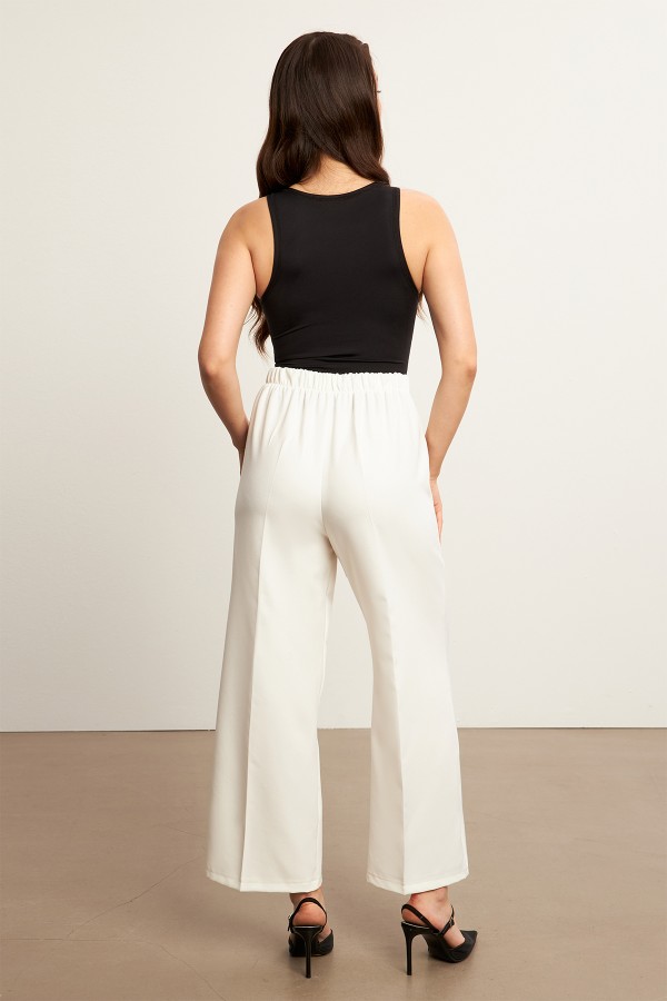 Wide Leg Trousers with Elastic Waist - Ecru