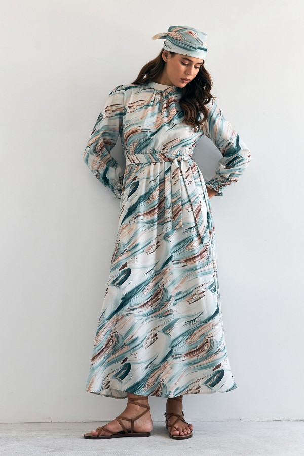 Aura Desenli Elbise - Mint