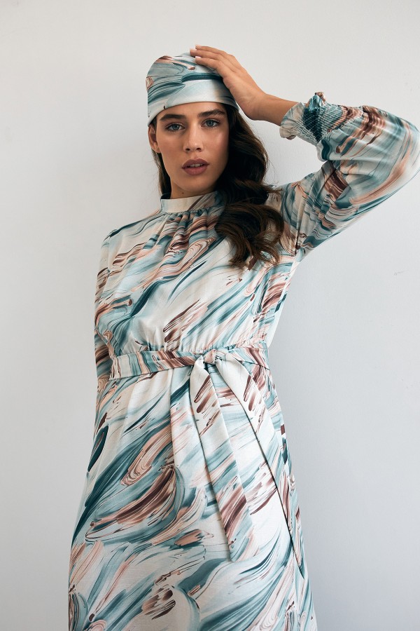 Aura Desenli Elbise - Mint