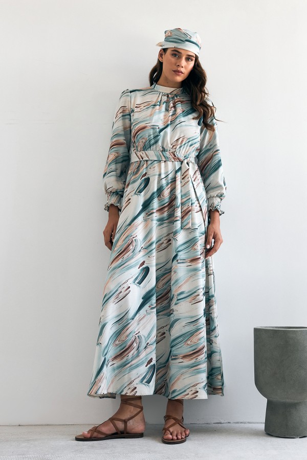 Aura Desenli Elbise - Mint