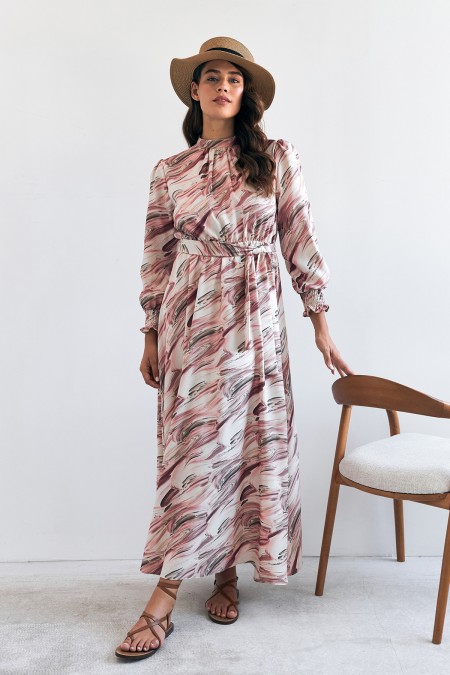 Aura Desenli Elbise - Gül Kurusu