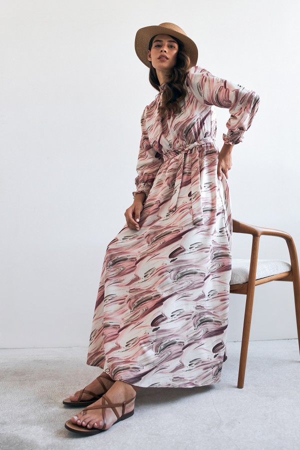 Aura Desenli Elbise - Gül Kurusu