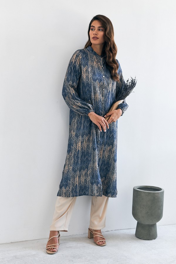 Patterned Long Tunic Trousers Set - Indigo