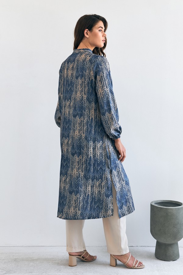 Patterned Long Tunic Trousers Set - Indigo