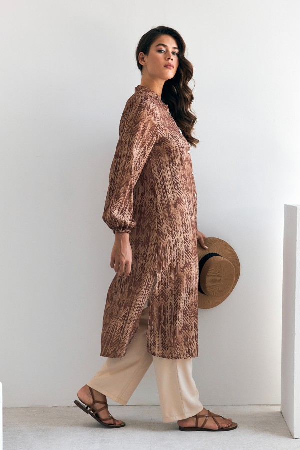 Desenli Uzun Tunik Pantolon Takım - Camel