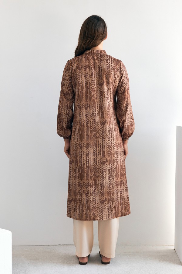 Desenli Uzun Tunik Pantolon Takım - Camel