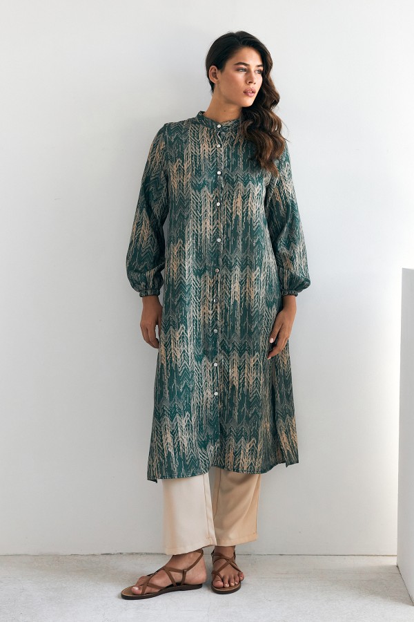 Desenli Uzun Tunik Pantolon Takım - Zümrüt