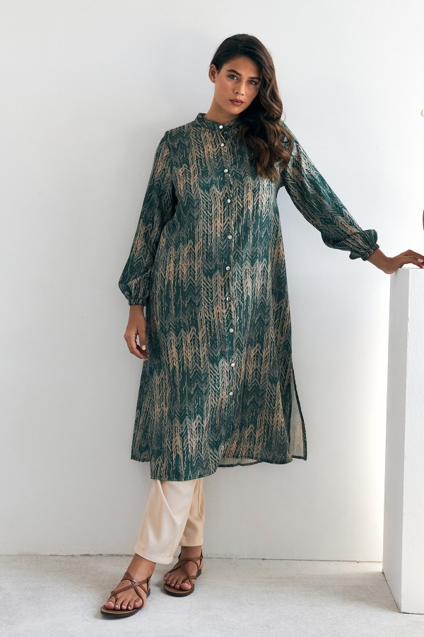 Desenli Uzun Tunik Pantolon Takım - Zümrüt