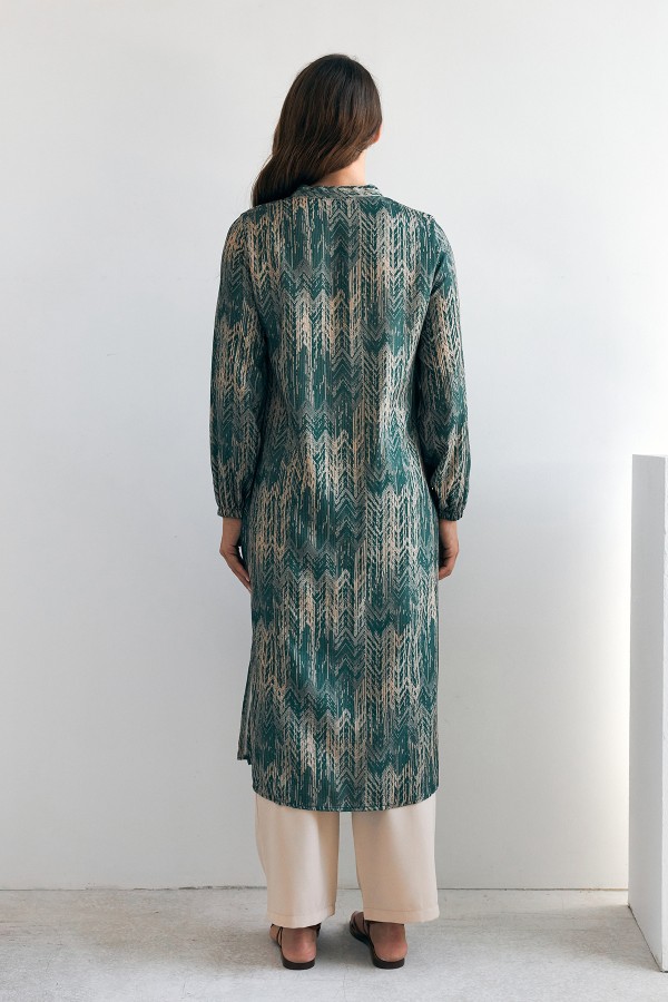 Desenli Uzun Tunik Pantolon Takım - Zümrüt