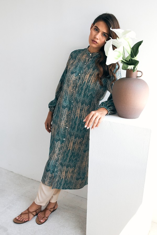 Patterned Long Tunic Trousers Set - Mint