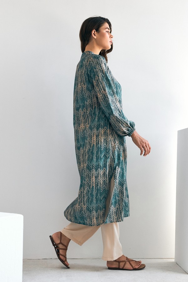 Patterned Long Tunic Trousers Set - Mint