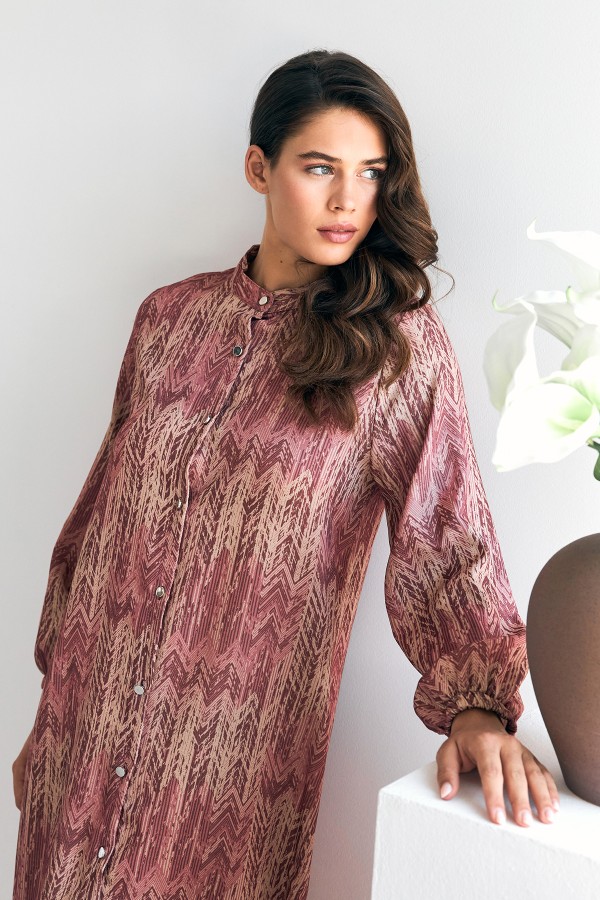 Patterned Long Tunic Trousers Set - Dusty Rose