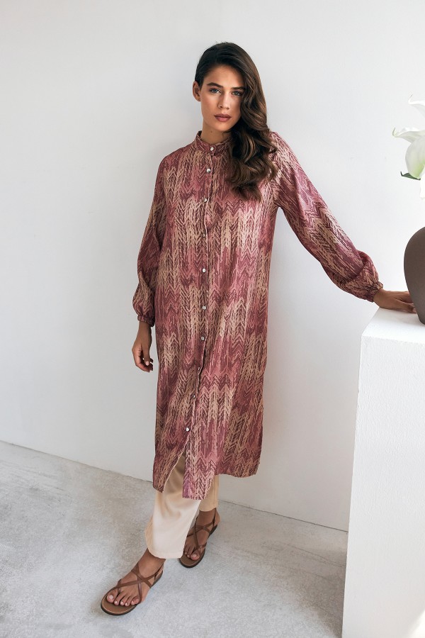 Patterned Long Tunic Trousers Set - Dusty Rose