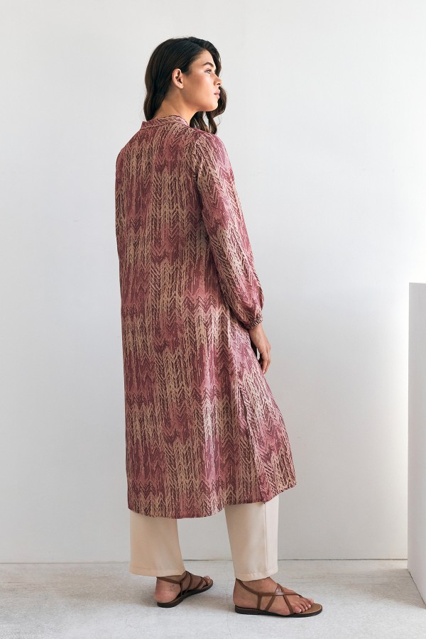Patterned Long Tunic Trousers Set - Dusty Rose