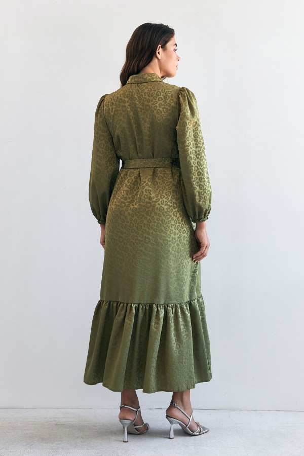 Royal Taşlı Jakar Elbise - Yağ Yeşili