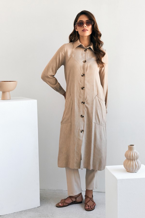 Cep Detaylı Tencel Tunik - Bej