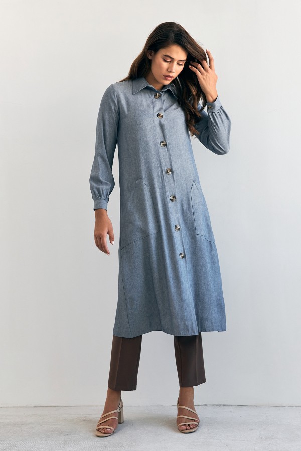 Cep Detaylı Tencel Tunik - İndigo