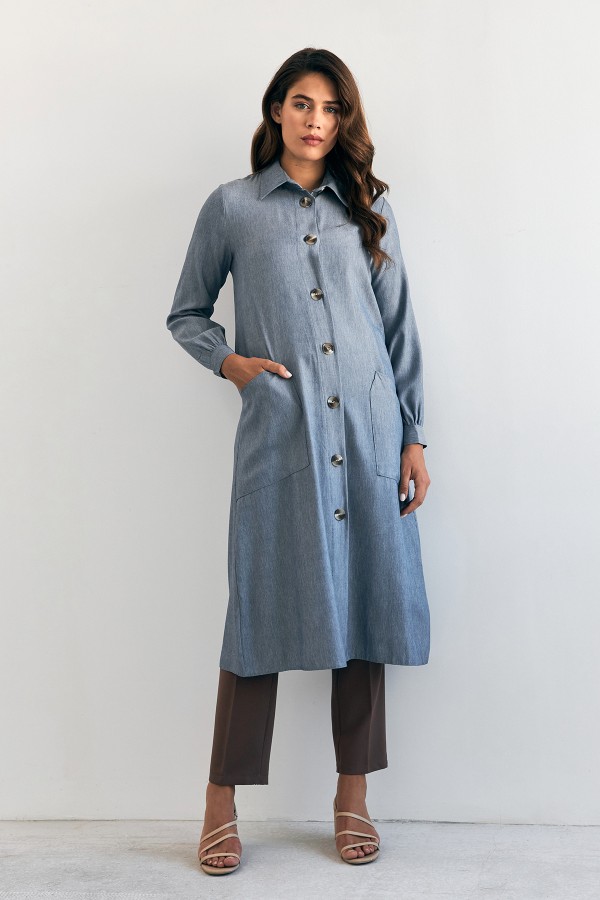 Cep Detaylı Tencel Tunik - İndigo