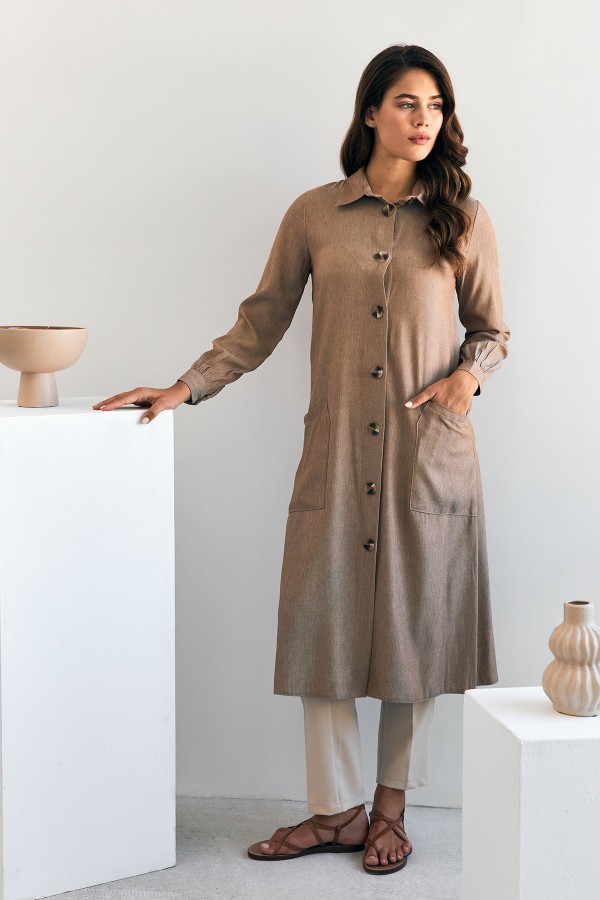 Cep Detaylı Tencel Tunik - Kahve