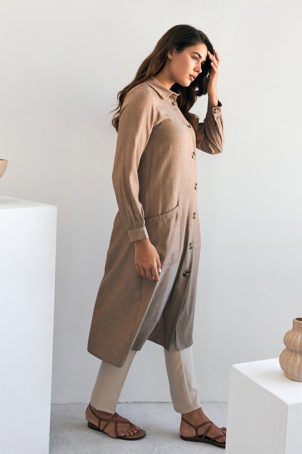 Cep Detaylı Tencel Tunik - Kahve