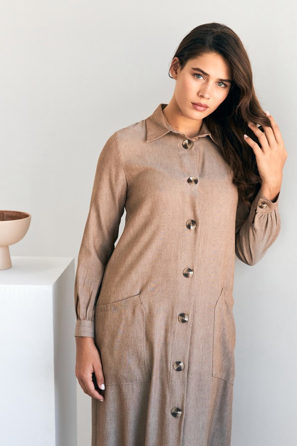 Cep Detaylı Tencel Tunik - Kahve Cep Detaylı Tencel Tunik - Kahve