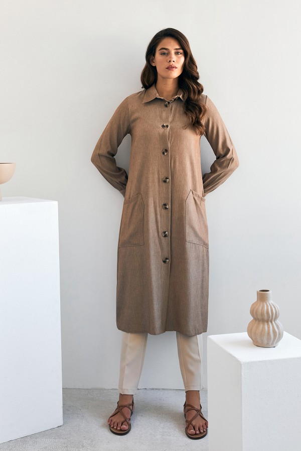 Cep Detaylı Tencel Tunik - Kahve Cep Detaylı Tencel Tunik - Kahve