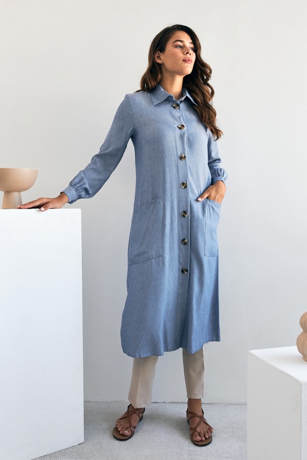 Cep Detaylı Tencel Tunik - Mavi