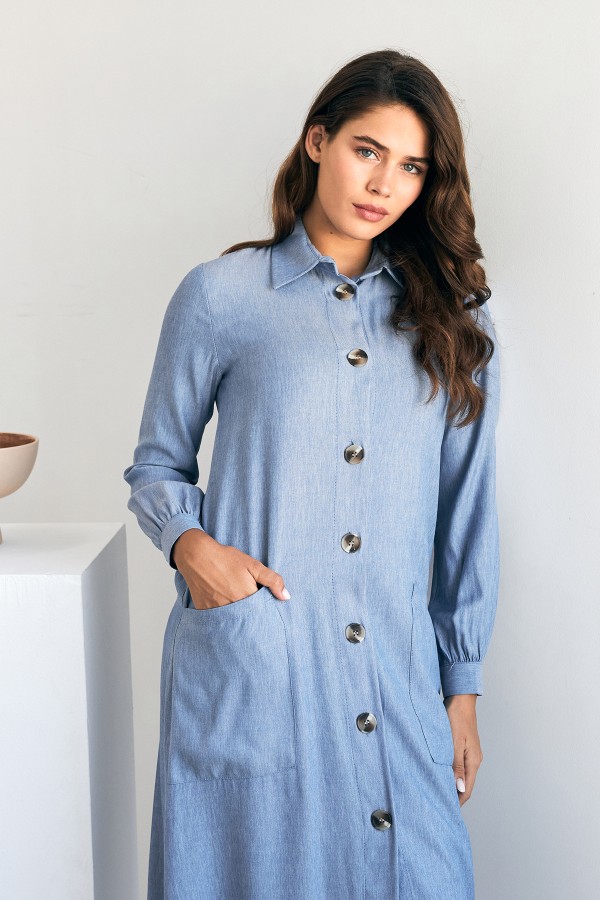 Cep Detaylı Tencel Tunik - Mavi