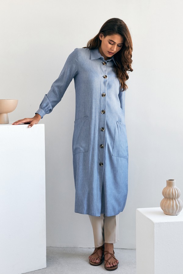 Cep Detaylı Tencel Tunik - Mavi