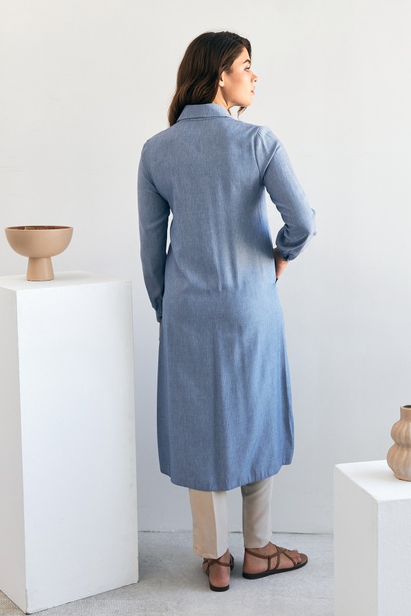 Cep Detaylı Tencel Tunik - Mavi