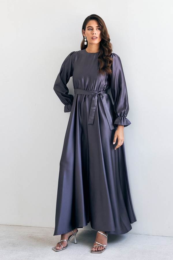Liza Kuşaklı Saten Elbise - Mor