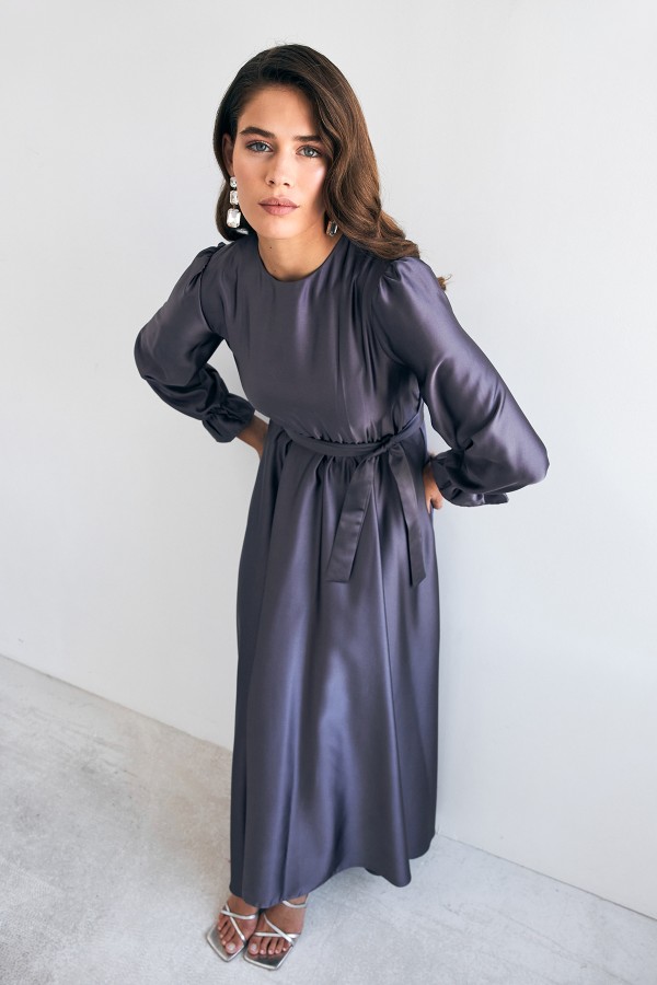 Liza Kuşaklı Saten Elbise - Mor
