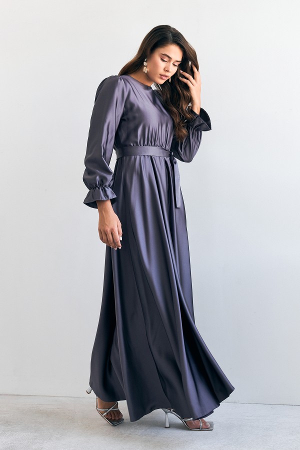 Liza Kuşaklı Saten Elbise - Mor