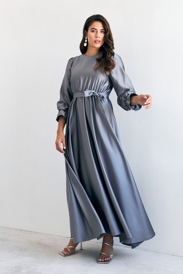 Liza Belted Satin Dress - Gray