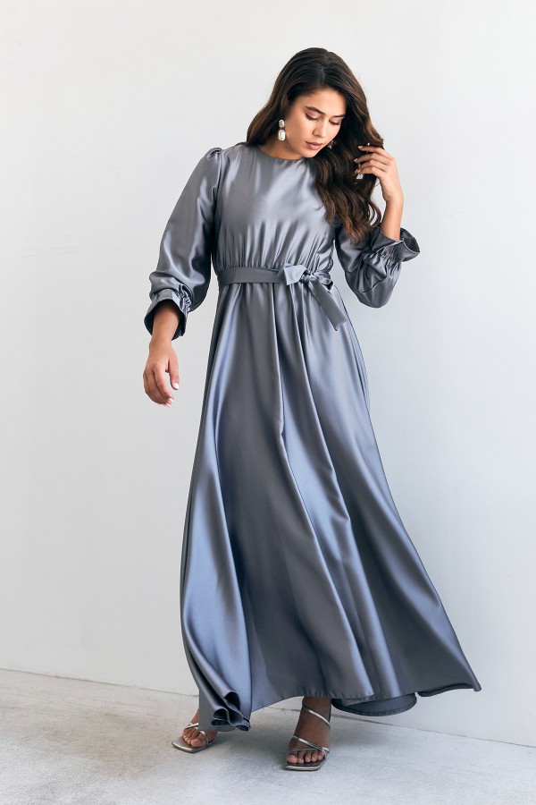 Liza Belted Satin Dress - Gray