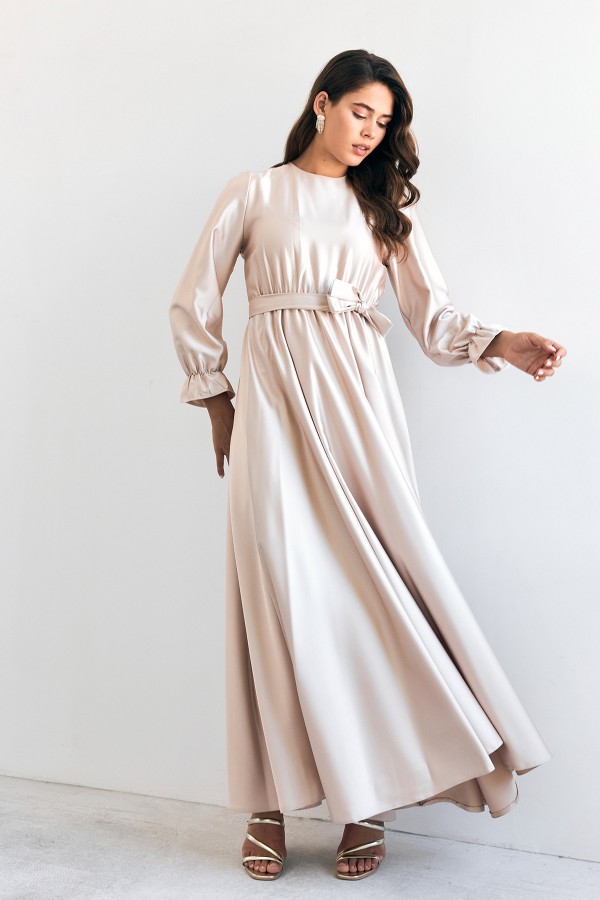 Liza Kuşaklı Saten Elbise - Bej