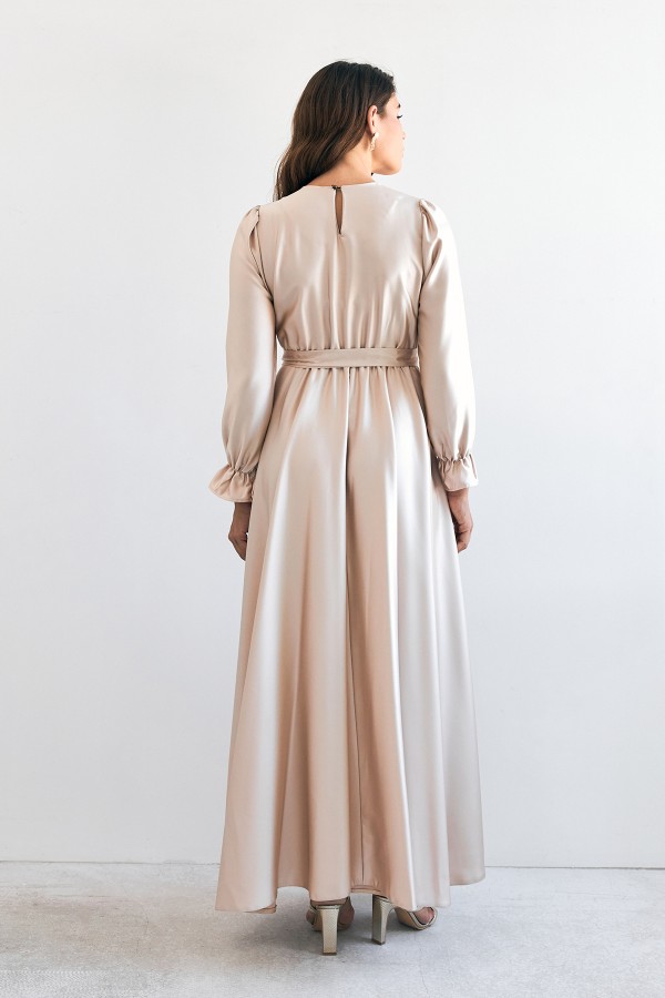 Liza Kuşaklı Saten Elbise - Bej