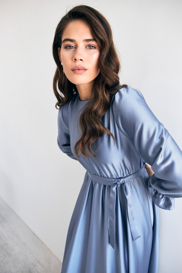 Liza Belted Satin Dress - Baby Blue
